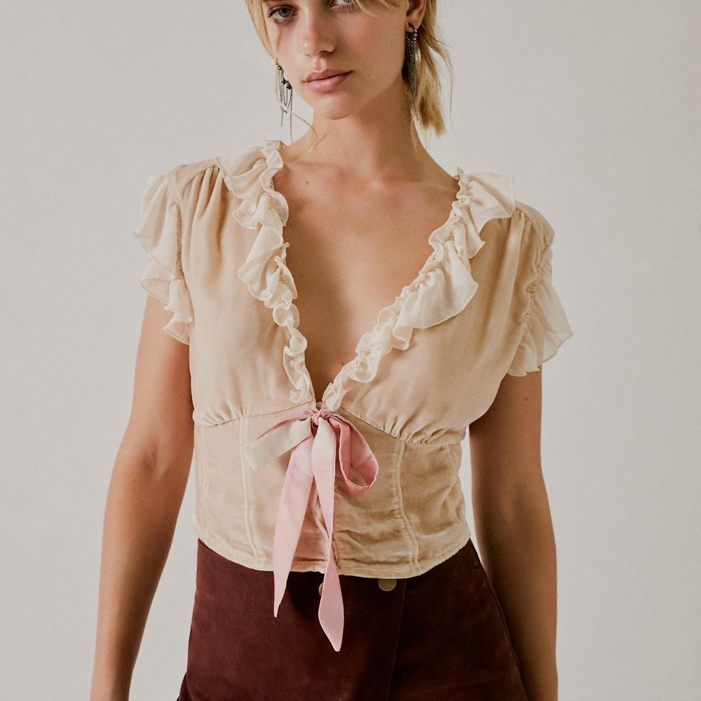 Free People x Anna Sui Pink Velvet Cap Sleeve Ruffled Blouse